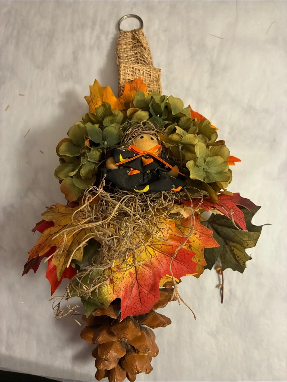 Autumn Pinecone Door Hanger with Fall Leaves and Scarecrow Accent